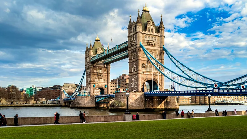Tower Bridge over the Thames seen from the riverside lawn