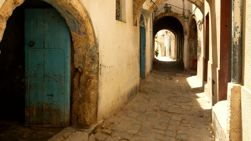 An arched alleyway in Stone Town with a carved blue door